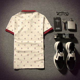 2015夏季新款韩版修身立领三叉戟印花男士短袖