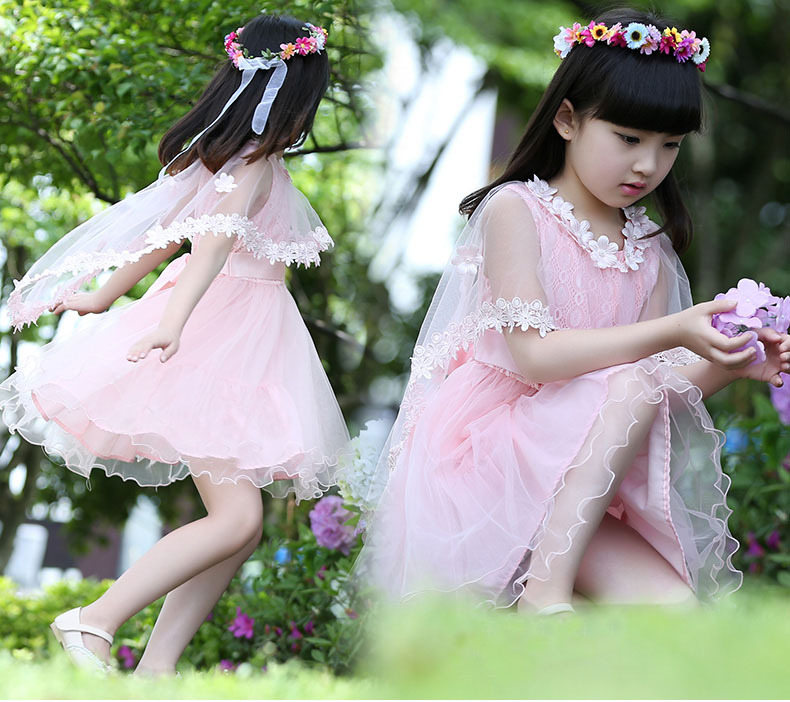 新款韩版时尚女童高档公主裙礼服裙带披肩蓬蓬百褶网纱裙网络爆款