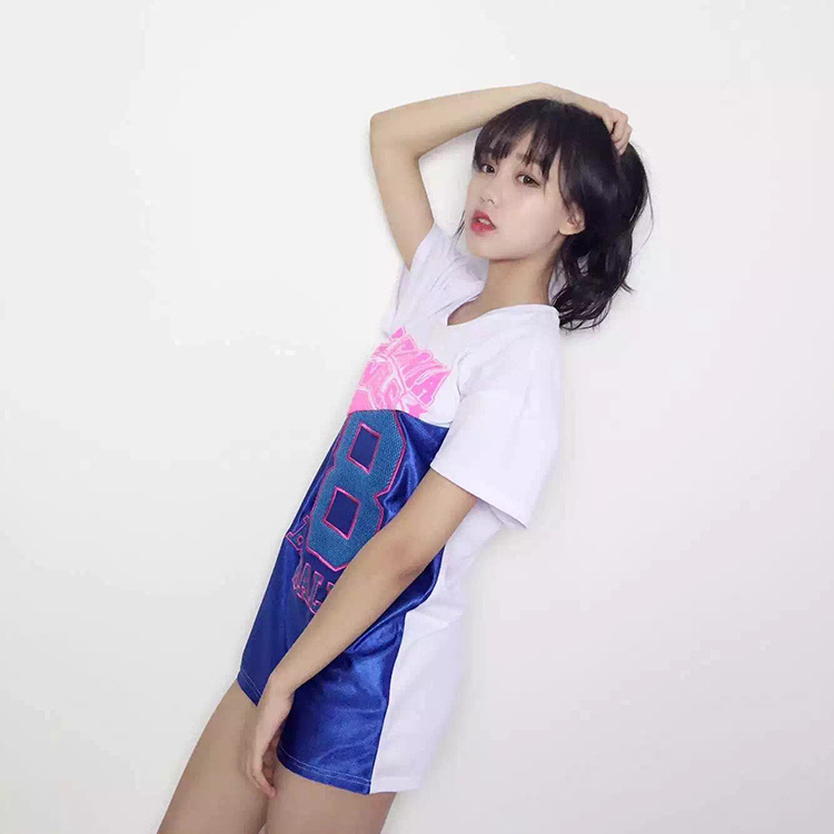 2090韩国东大门代购实拍曹若涵 潮流街头字母刺绣拼接宽松女t恤