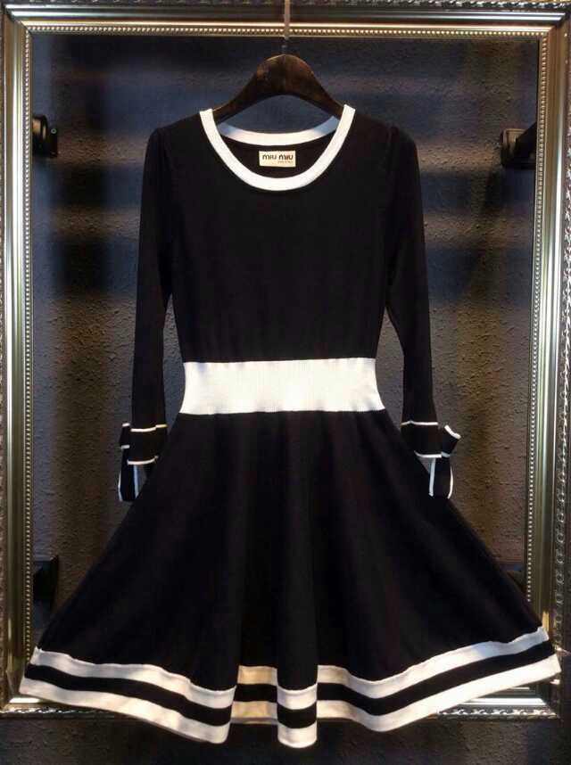 欧美大牌经典黑白配黑裙白边2015春装针织连衣裙