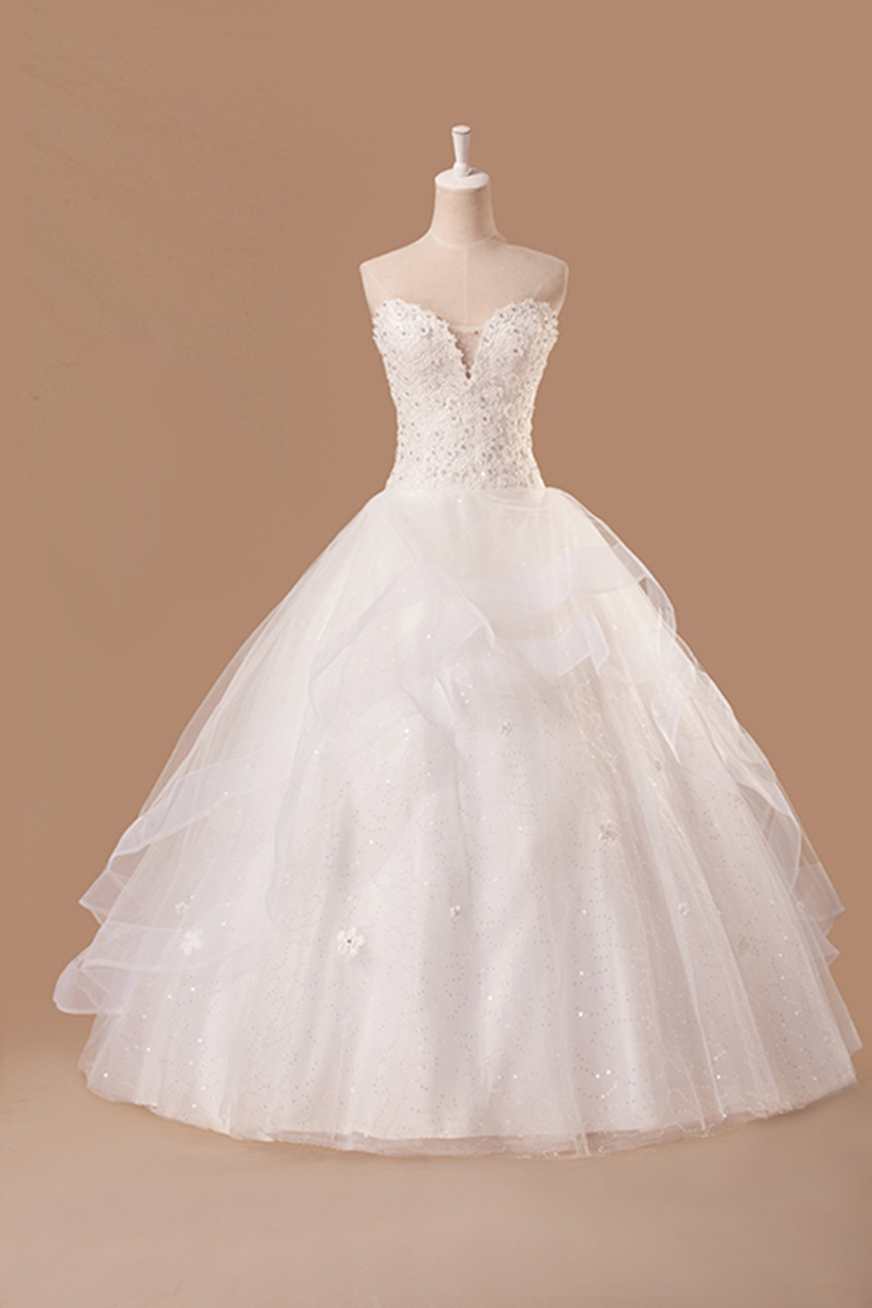 2015新款夏蕾丝手工花齐地抹胸婚纱显瘦韩版v领新娘公主蓬蓬裙