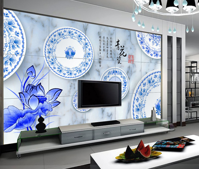 浙江金华青花瓷电视沙发背景墙无缝壁布大型壁画纸壁纸墙布价格
