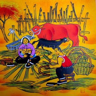 《竹编》酒店饭店宾馆家居装饰字画农家牛民俗陕西户县农民画批发