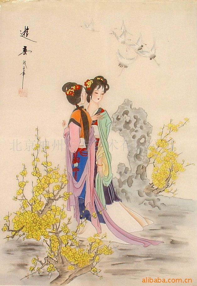 国画人物工笔仕女画 绢画美人画 麻姑献寿 神话人物