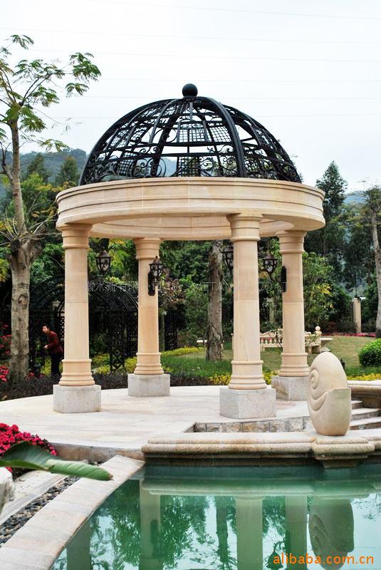 砂岩柱铁艺圆顶亭sh0026深圳水榭山楼盘花园圆亭